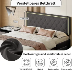Lit avec Rangement avec éclairage LED, PU Cuir 4 Tiroirs Lit Capitonné avec sommier Gris, 140X200CM