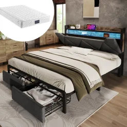 Lit avec rangement 140x200 - Lit double avec fonction USB Type C et tiroirs - Lin - Matelas Inclus - Gris