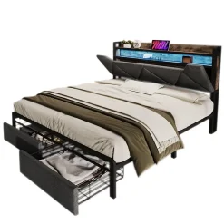 Lit avec rangement 140x200 - Lit double avec fonction USB Type C et tiroirs - Lin - Matelas Inclus - Gris