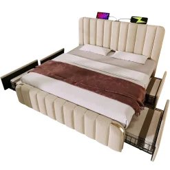 Lit avec rangement 140x200 - Lit double rembourré avec fonction USB Type-C et 4 tiroirs - Lin - Sans Matelas - Beige