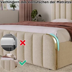 Lit avec rangement 140x200 - Lit double rembourré avec fonction USB Type-C et 4 tiroirs - Lin - Sans Matelas - Beige