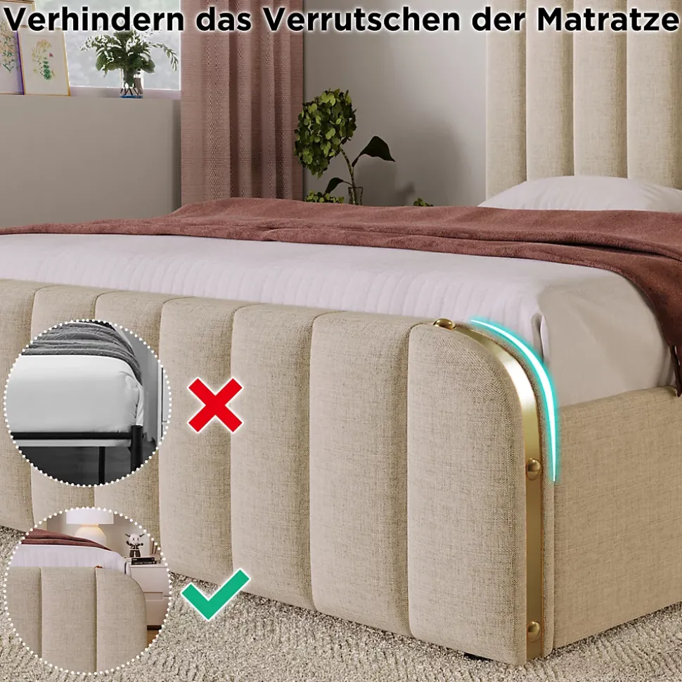 Lit avec rangement 140x200 - Lit double rembourré avec fonction USB Type-C et 4 tiroirs - Lin - Sans Matelas - Beige