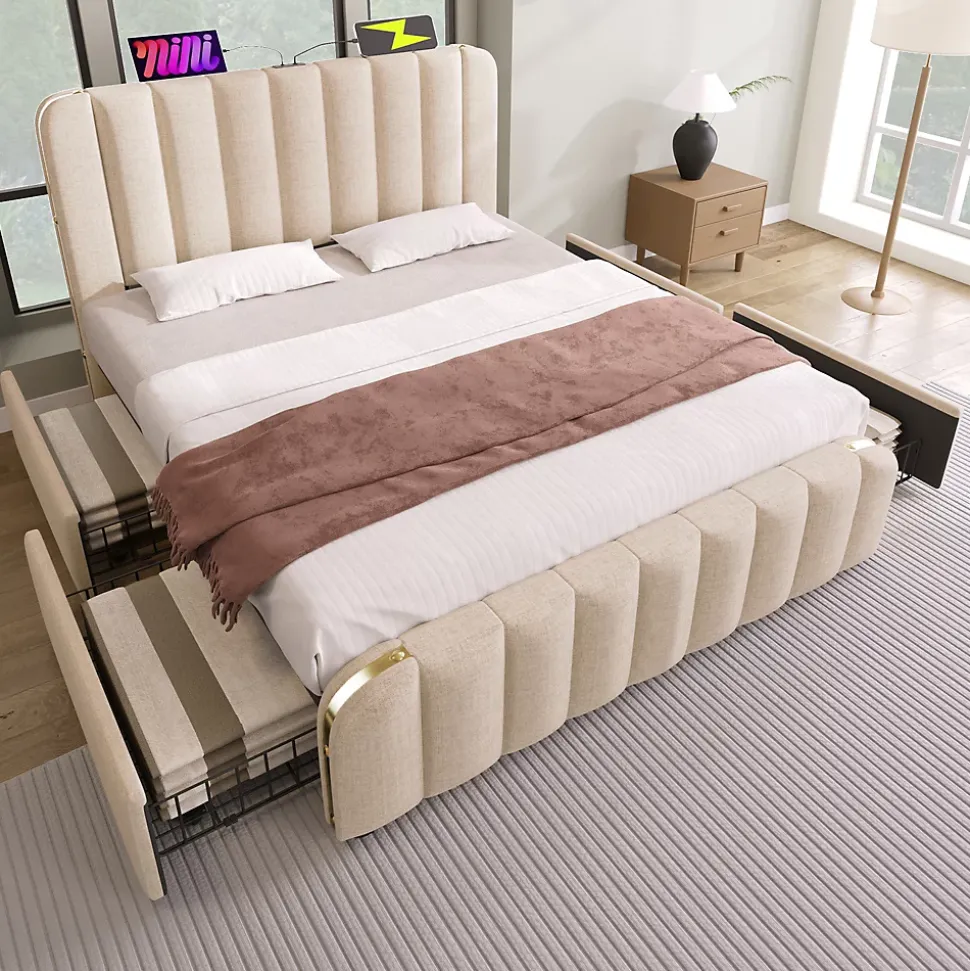 Lit avec rangement 140x200 - Lit double rembourré avec fonction USB Type-C et 4 tiroirs - Lin - Sans Matelas - Beige