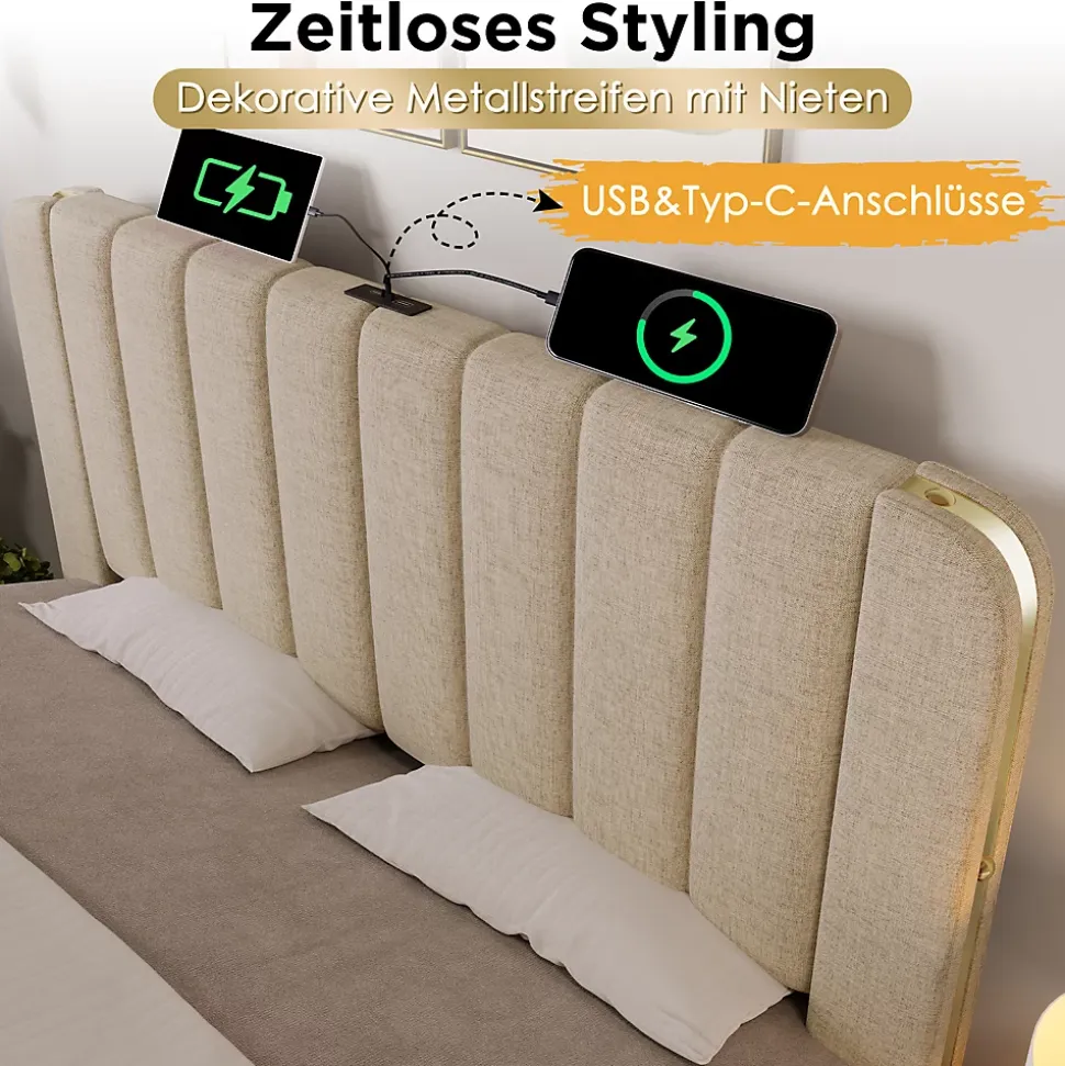 Lit avec rangement 140x200 - Lit double rembourré avec fonction USB Type-C et 4 tiroirs - Lin - Sans Matelas - Beige