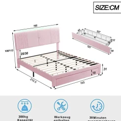 Lit avec Rangement 160x200 cm - Lit Capitonné Double Adulte avec Bande Lumineuse, Port USB et Tiroir - Rose