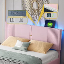 Lit avec Rangement 160x200 cm - Lit Capitonné Double Adulte avec Bande Lumineuse, Port USB et Tiroir - Rose