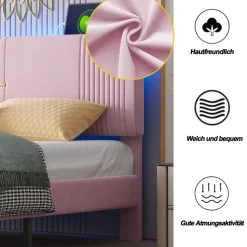 Lit avec Rangement 160x200 cm - Lit Capitonné Double Adulte avec Bande Lumineuse, Port USB et Tiroir - Rose
