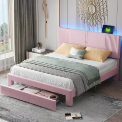Lit avec Rangement 160x200 cm - Lit Capitonné Double Adulte avec Bande Lumineuse, Port USB et Tiroir - Rose