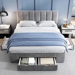Lit avec rangement 140x200 cm - Lit Double Capitonné avec 4 Tiroirs - Velours - Sans Matelas - Gris