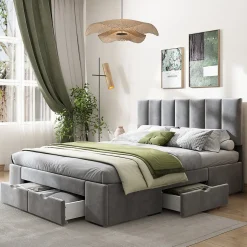 Lit avec rangement 140x200 cm - Lit Double Capitonné avec 4 Tiroirs - Velours - Sans Matelas - Gris