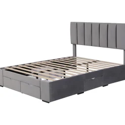 Lit avec rangement 140x200 cm - Lit Double Capitonné avec 4 Tiroirs - Velours - Sans Matelas - Gris