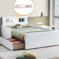Lit avec rangement 90x200 cm - Lit enfant capitonné avec veilleuse et port USB - Similicuir - Sans matelas - Blanc