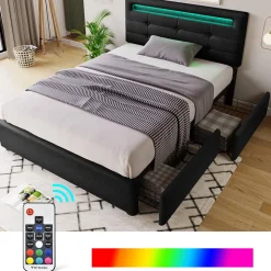 Lit avec rangement 90x200 cm - Lit simple capitonné avec LED et 2 tiroirs - Bois massif + Lin + Métal - Sans Matelas - Noir