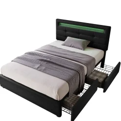 Lit avec rangement 90x200 cm - Lit simple capitonné avec LED et 2 tiroirs - Bois massif + Lin + Métal - Sans Matelas - Noir
