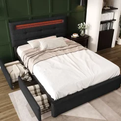 Lit avec rangement 90x200 cm - Lit simple capitonné avec LED et 2 tiroirs - Bois massif + Lin + Métal - Sans Matelas - Noir