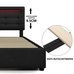 Lit avec rangement 90x200 cm - Lit simple capitonné avec LED et 2 tiroirs - Bois massif + Lin + Métal - Sans Matelas - Noir