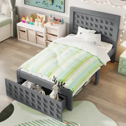 Lit avec rangement 90x200 cm - Lit simple avec tiroirs intégrés et design créatif - en MDF et bois massif - Gris - Sans matelas