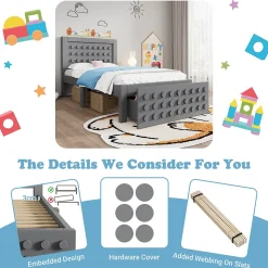 Lit avec rangement 90x200 cm - Lit simple avec tiroirs intégrés et design créatif - en MDF et bois massif - Gris - Sans matelas