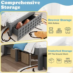 Lit avec rangement 90x200 cm - Lit simple avec tiroirs intégrés et design créatif - en MDF et bois massif - Gris - Sans matelas