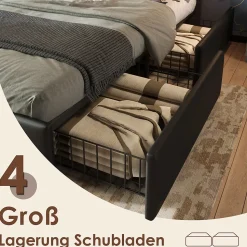 Lit avec Rangement 160x200 cm - Lit Double Capitonné avec 4 Tiroirs, Bandeau LED et Tête Réglable, Sans Matelas, PU, Noir