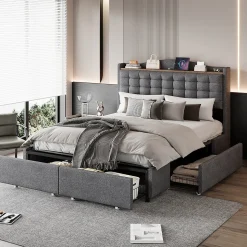 Lit avec Rangement 140x200 cm - Lit Double avec 4 Tiroirs, Port USB et Table de Chevet, Lin, Sans Matelas, Gris
