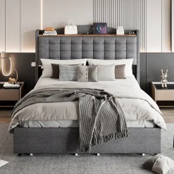 Lit avec Rangement 140x200 cm - Lit Double avec 4 Tiroirs, Port USB et Table de Chevet, Lin, Sans Matelas, Gris
