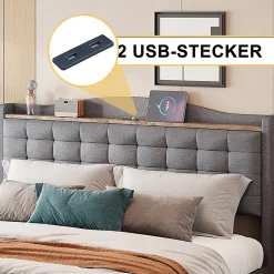 Lit avec Rangement 140x200 cm - Lit Double avec 4 Tiroirs, Port USB et Table de Chevet, Lin, Sans Matelas, Gris