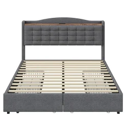 Lit avec Rangement 140x200 cm - Lit Double avec 4 Tiroirs, Port USB et Table de Chevet, Lin, Sans Matelas, Gris