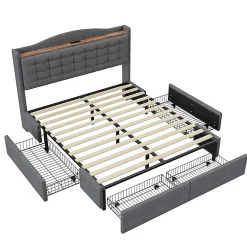 Lit avec Rangement 140x200 cm - Lit Double avec 4 Tiroirs, Port USB et Table de Chevet, Lin, Sans Matelas, Gris