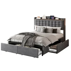 Lit avec Rangement 140x200 cm - Lit Double avec 4 Tiroirs, Port USB et Table de Chevet, Lin, Sans Matelas, Gris
