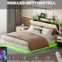 Lit avec rangement 140x200 cm - Lit double capitonné avec éclairage LED - lin + Métal - Sans matelas - Beige