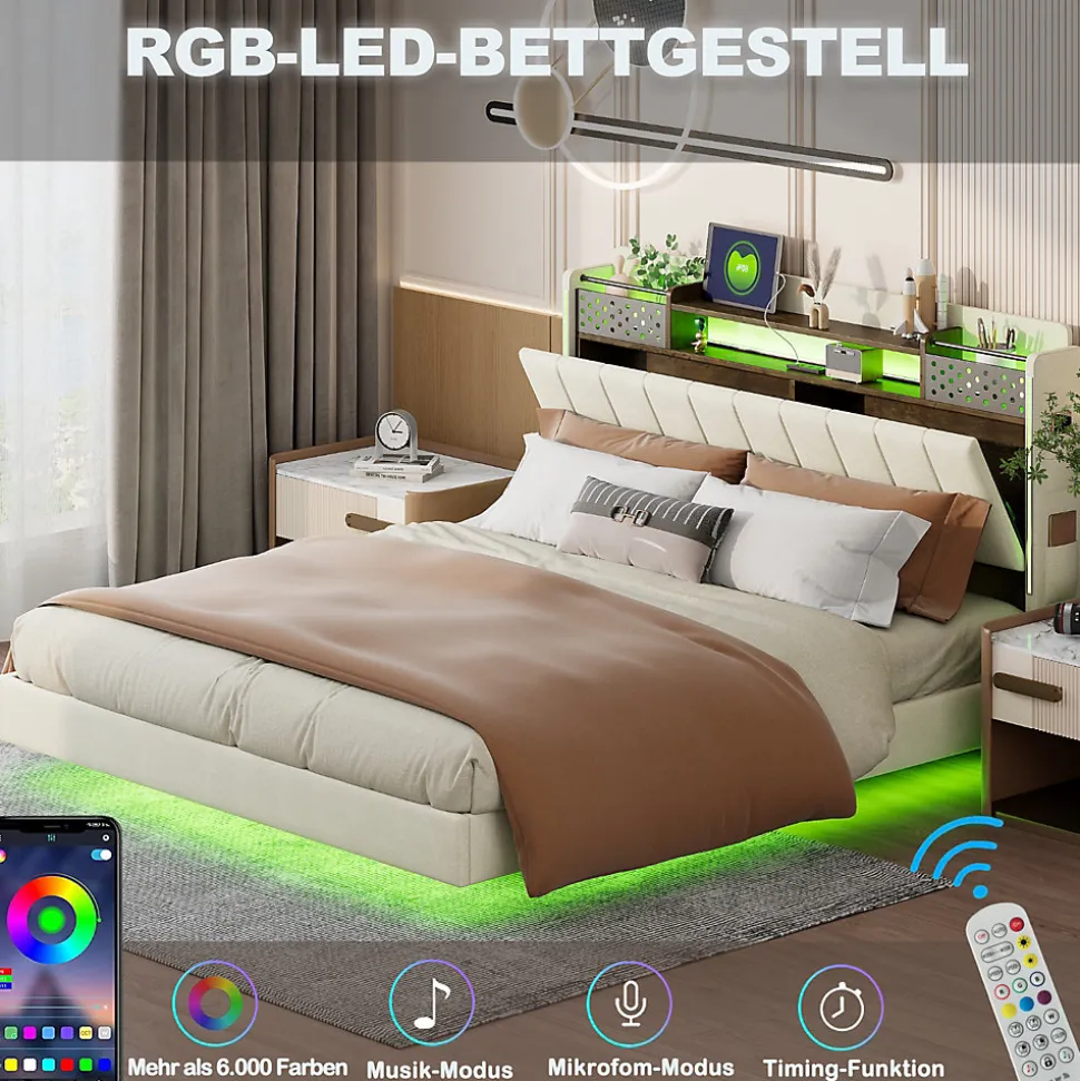 Lit avec rangement 140x200 cm - Lit double capitonné avec éclairage LED - lin + Métal - Sans matelas - Beige