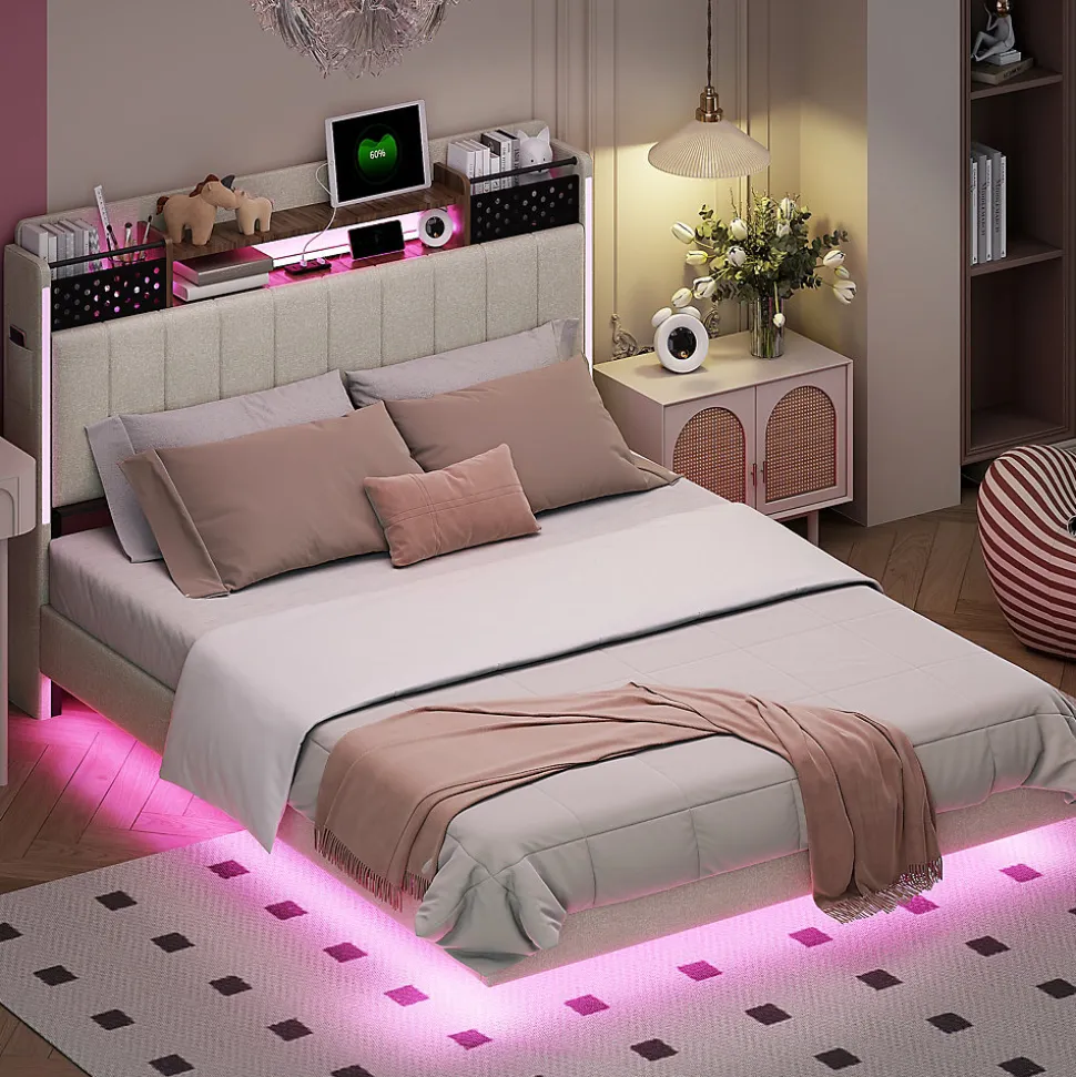 Lit avec rangement 140x200 cm - Lit double capitonné avec éclairage LED - lin + Métal - Sans matelas - Beige