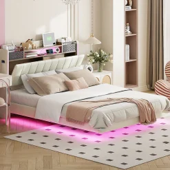Lit avec rangement 140x200 cm - Lit double capitonné avec éclairage LED - lin + Métal - Sans matelas - Beige