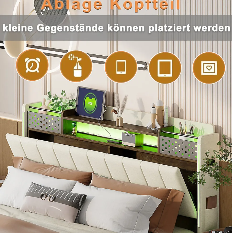 Lit avec rangement 140x200 cm - Lit double capitonné avec éclairage LED - lin + Métal - Sans matelas - Beige