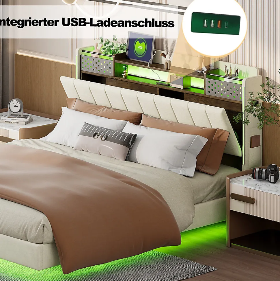 Lit avec rangement 140x200 cm - Lit double capitonné avec éclairage LED - lin + Métal - Sans matelas - Beige