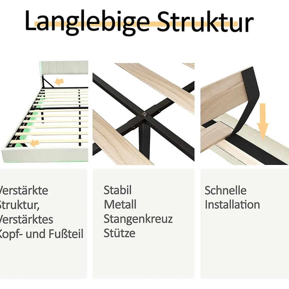 Lit avec rangement 140x200 cm - Lit double capitonné avec éclairage LED - lin + Métal - Sans matelas - Beige