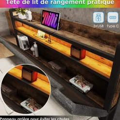 Lit avec rangement 140x200 cm - Lit double rembourré avec tiroirs et fonction de chargement USB - Lin - Sans Matelas - Gris