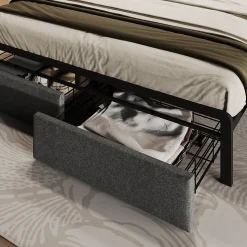 Lit avec rangement 140x200 cm - Lit double rembourré avec tiroirs et fonction de chargement USB - Lin - Sans Matelas - Gris