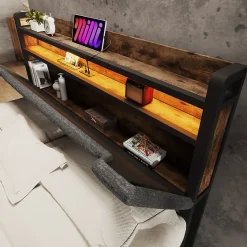 Lit avec rangement 140x200 cm - Lit double rembourré avec tiroirs et fonction de chargement USB - Lin - Sans Matelas - Gris