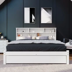 Lit avec rangement 140x200 cm - Lit double avec tiroirs et tête de lit - Pin massif + MDF - Sans Matelas - Blanc
