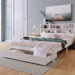 Lit avec rangement 140x200 cm - Lit double avec tiroirs et tête de lit - Pin massif + MDF - Sans Matelas - Blanc