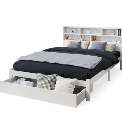 Lit avec rangement 140x200 cm - Lit double avec tiroirs et tête de lit - Pin massif + MDF - Sans Matelas - Blanc