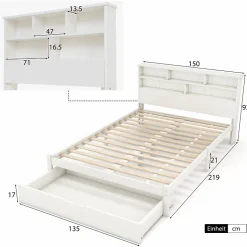 Lit avec rangement 140x200 cm - Lit double avec tiroirs et tête de lit - Pin massif + MDF - Sans Matelas - Blanc