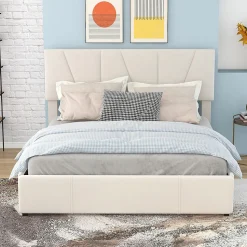 Lit avec rangement 140x200 cm - Lit rembourré avec tête de lit réglable et 4 tiroirs - Velours - Sans matelas - Beige