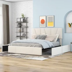Lit avec rangement 140x200 cm - Lit rembourré avec tête de lit réglable et 4 tiroirs - Velours - Sans matelas - Beige