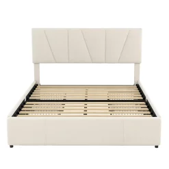Lit avec rangement 140x200 cm - Lit rembourré avec tête de lit réglable et 4 tiroirs - Velours - Sans matelas - Beige