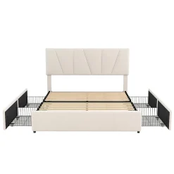 Lit avec rangement 140x200 cm - Lit rembourré avec tête de lit réglable et 4 tiroirs - Velours - Sans matelas - Beige