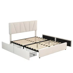 Lit avec rangement 140x200 cm - Lit rembourré avec tête de lit réglable et 4 tiroirs - Velours - Sans matelas - Beige
