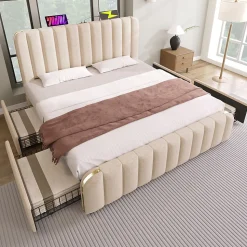 Lit avec rangement 180x200 cm - Lit double rembourré avec fonction USB Type-C et 4 tiroirs - Lin - Sans Matelas - Beige